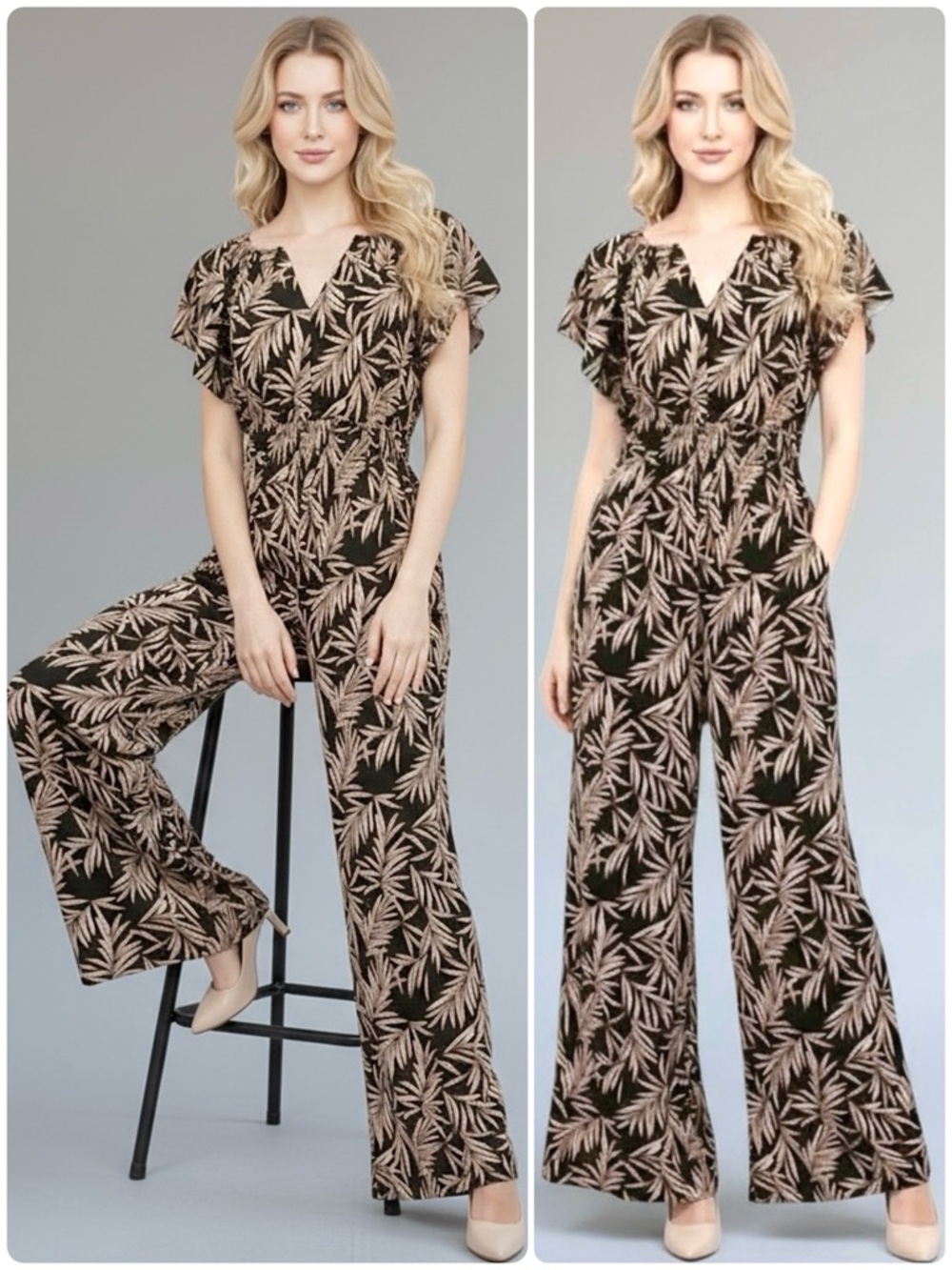 TAHARI Jumpsuit Wide Leg Linen Blend Elastic Waist Split Neckline Short Sleeve